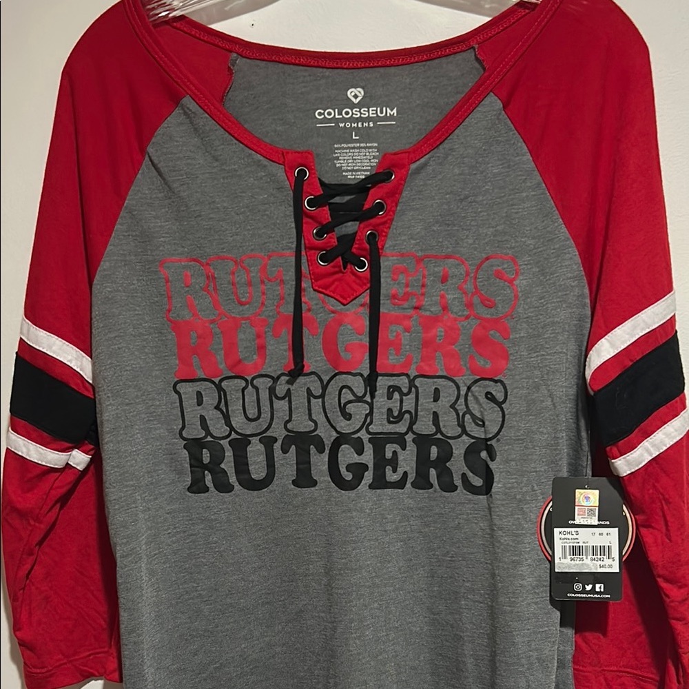 Colosseum Rutgers Red, Black and Gray Lace-Up Top NWT size large